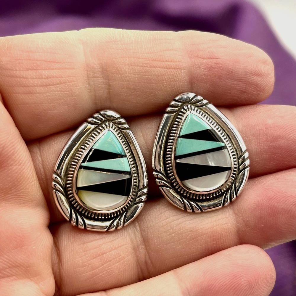 Native American Turquoise, mother of pearl inlay earrings